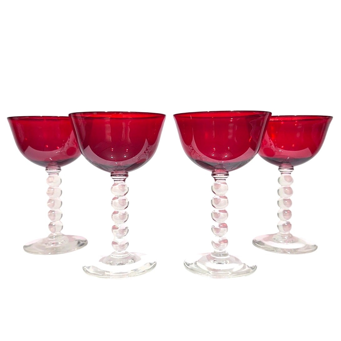 Stunning Art Deco Ruby Red Bubble Stem Champagne Tall Sherbet Glasses-Set of 4 Stunning Art Deco Ruby Red Bubble Stem Champagne Tall Sherbet Glasses-Set of 4