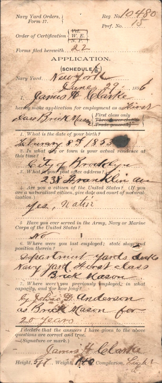 1896 NEW YORK CITY NAVY YARD antique filled out job application for BRICK MASON 1896 NEW YORK CITY NAVY YARD antique filled out job application for BRICK MASON