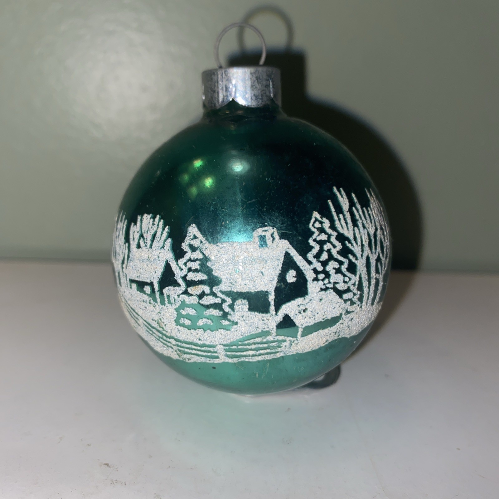 VTG Shiny Brite Christmas Winter Scene Ornament Ball Green Stenciled 2.25x3”