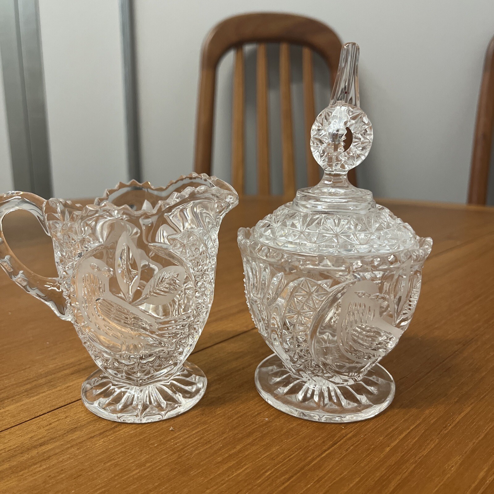 Vintage Hoffbauer Crystal Byrdes Bird Covered Sugar and Creamer Set