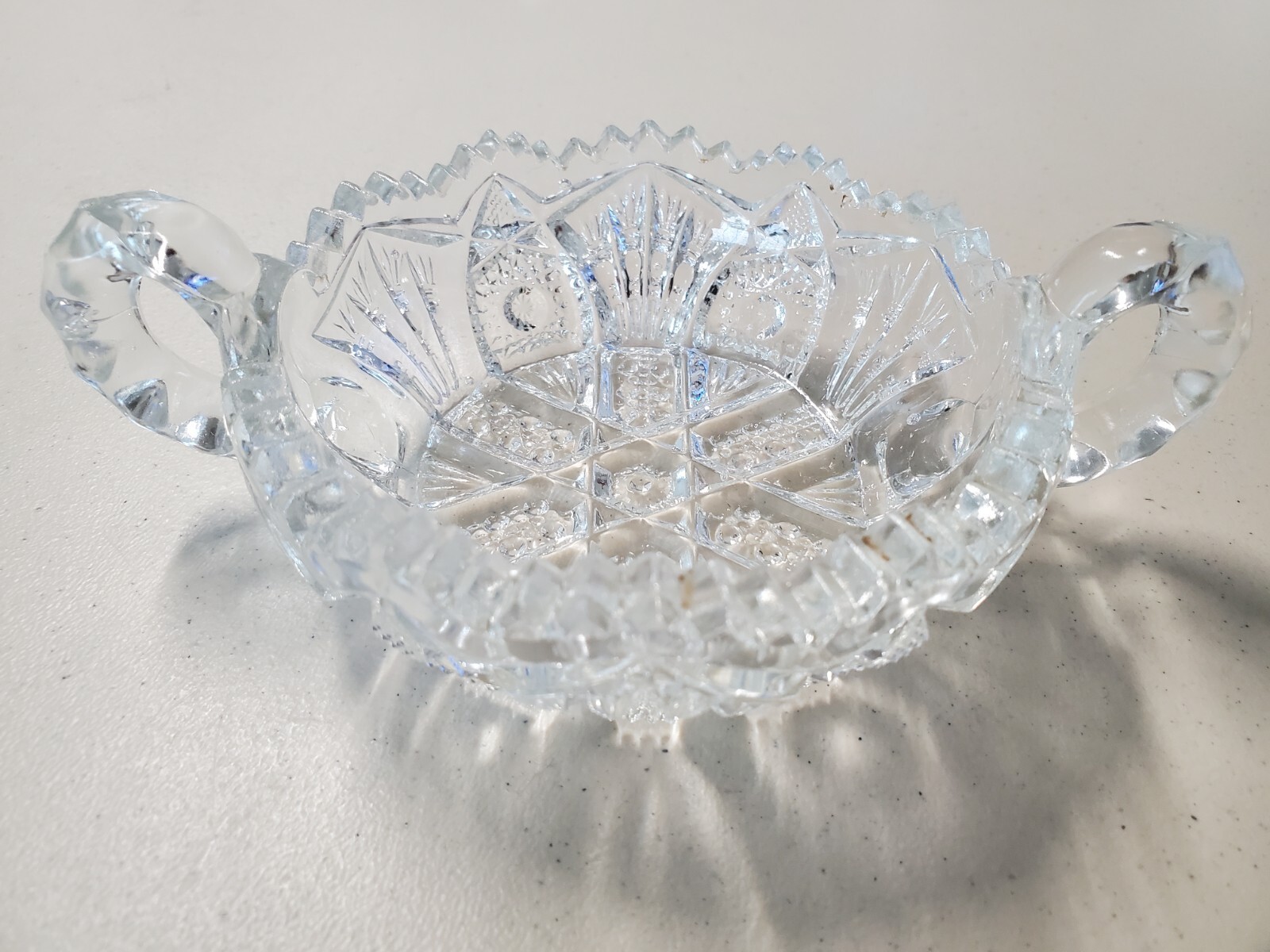 Vintage Imperial Glass Ohio 212 Clear Cut Glass Sawtooth Edge Nappy Dish Handled