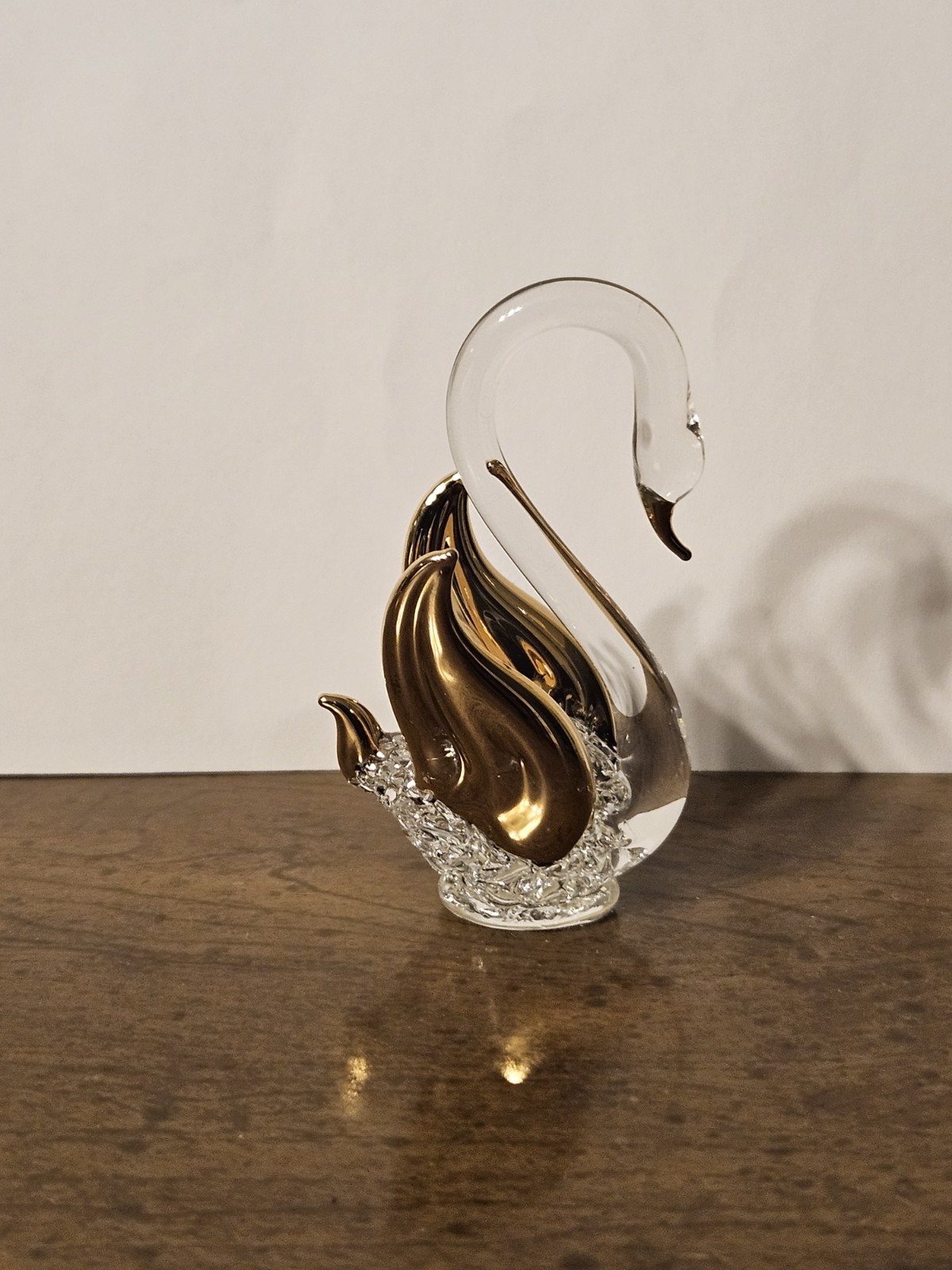 Handblown Spun Glass Crystal SWAN  22k GOLD Wings & Beak Vintage 2.5