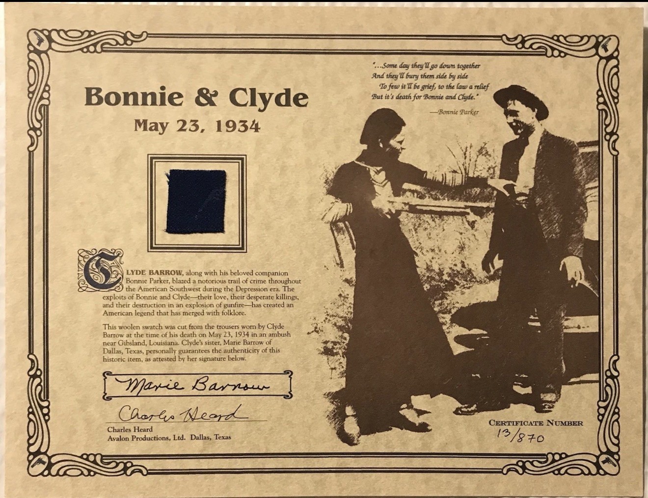 AUTHENTIC RARE Clyde Barrow Worn Death Pants LOW SERIAL 13/870