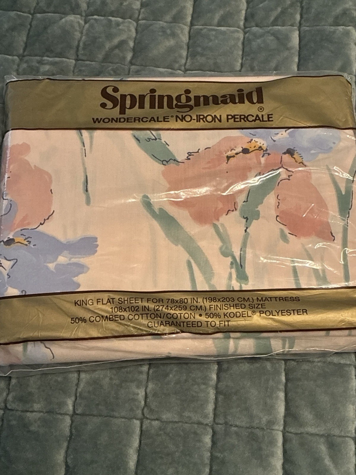 New Vintage Springmaid Wondercale No Iron King Flat Sheet Iris Mist