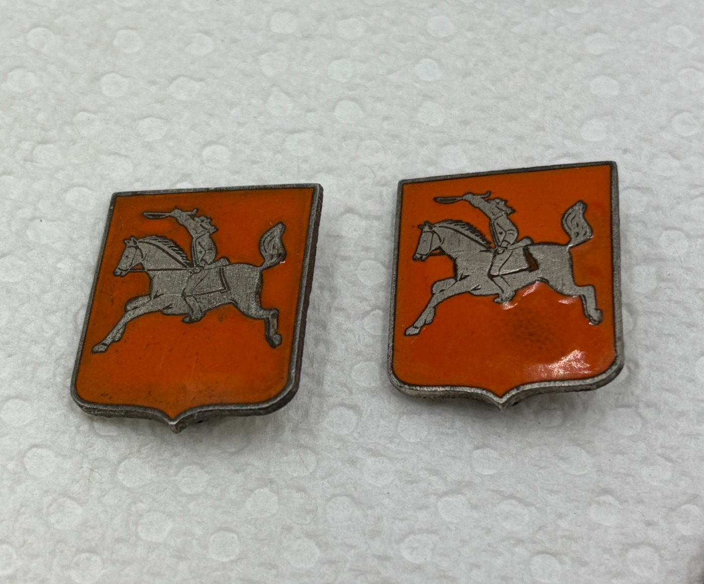 Vintage WWII Era A.H. Dondero Sterling Silver Enamel Horseman Shield Pins Pair