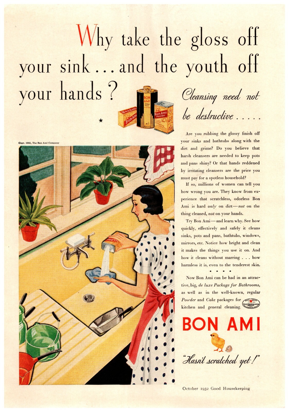 1932 Bon Ami Cleaner Vintage Print Ad Hasn't Scratched Yet Woman At Sink