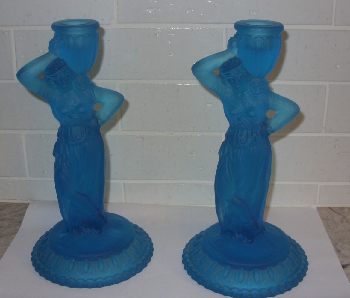 Fostoria Blue Mist Satin Frosted Glass 2 Rebecca At The Well Candle Holders NICE