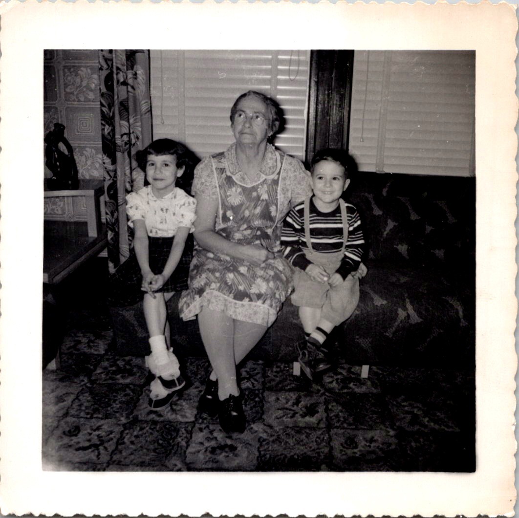 Grandmother with Children, 1950s B&W Domestic Snapshot Photo