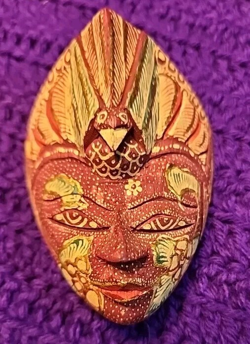Catur Hand Carved Painted Topeng Batik Panji Wood Mask Indonesia Red Yellow 3x3