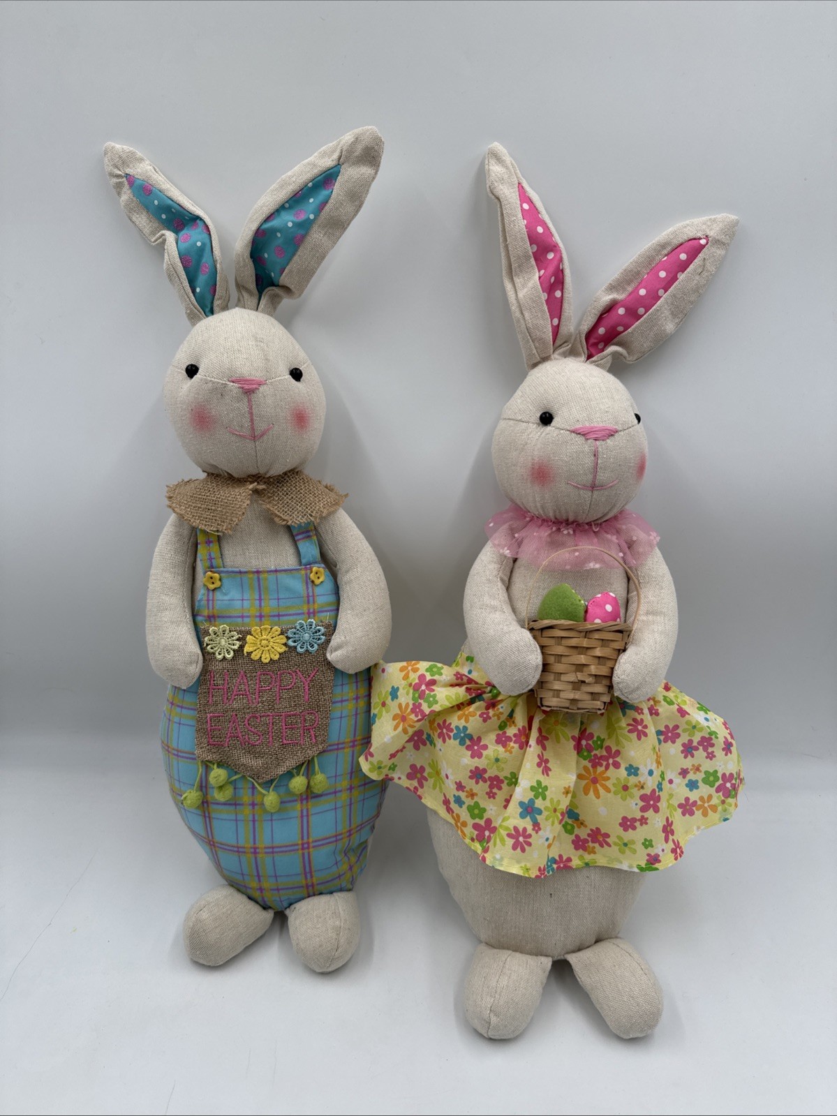 Set/2 CVS RUSTIC HOME DECOR FARMHOUSE MUSLIN EASTER BUNNY 17” Girl & Boy Rabbits