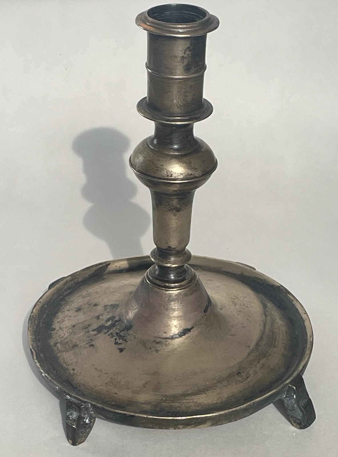 Unusual ca. 1690 antique late 17th century Spanish brass footed candlestick