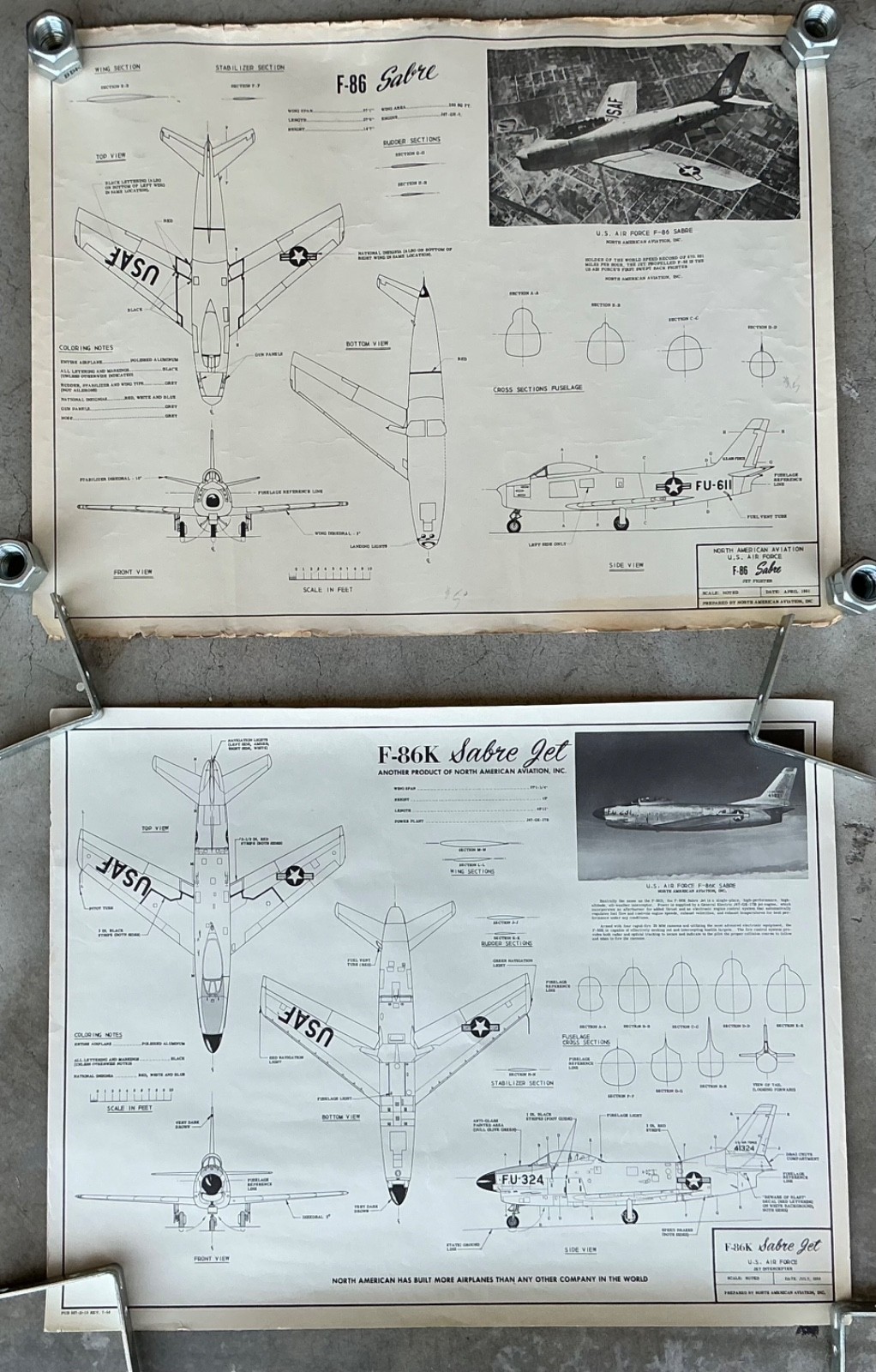2 North American Aviation USAF Spec Sheets 1951 F-86 Sabre 1956 F-86K Sabre Jet