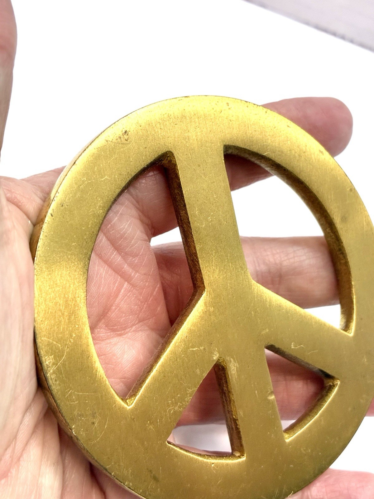 MCM Brass Peace Sign Paperweight Vintage Modernist Desk Decor Rare
