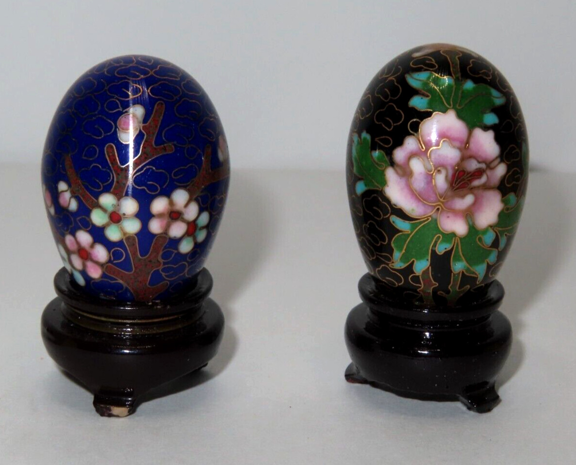 (2) Mini Vintage Floral Cloisonné Eggs with Black Wooden Stands 2-1/8\ (2) Mini Vintage Floral Cloisonné Eggs with Black Wooden Stands 2-1/8\