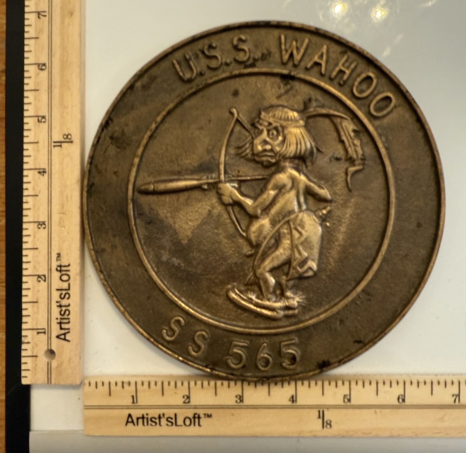 Unique Vintage 6 3/4” Solid Brass US Submarine Plaque USS Wahoo SS 565