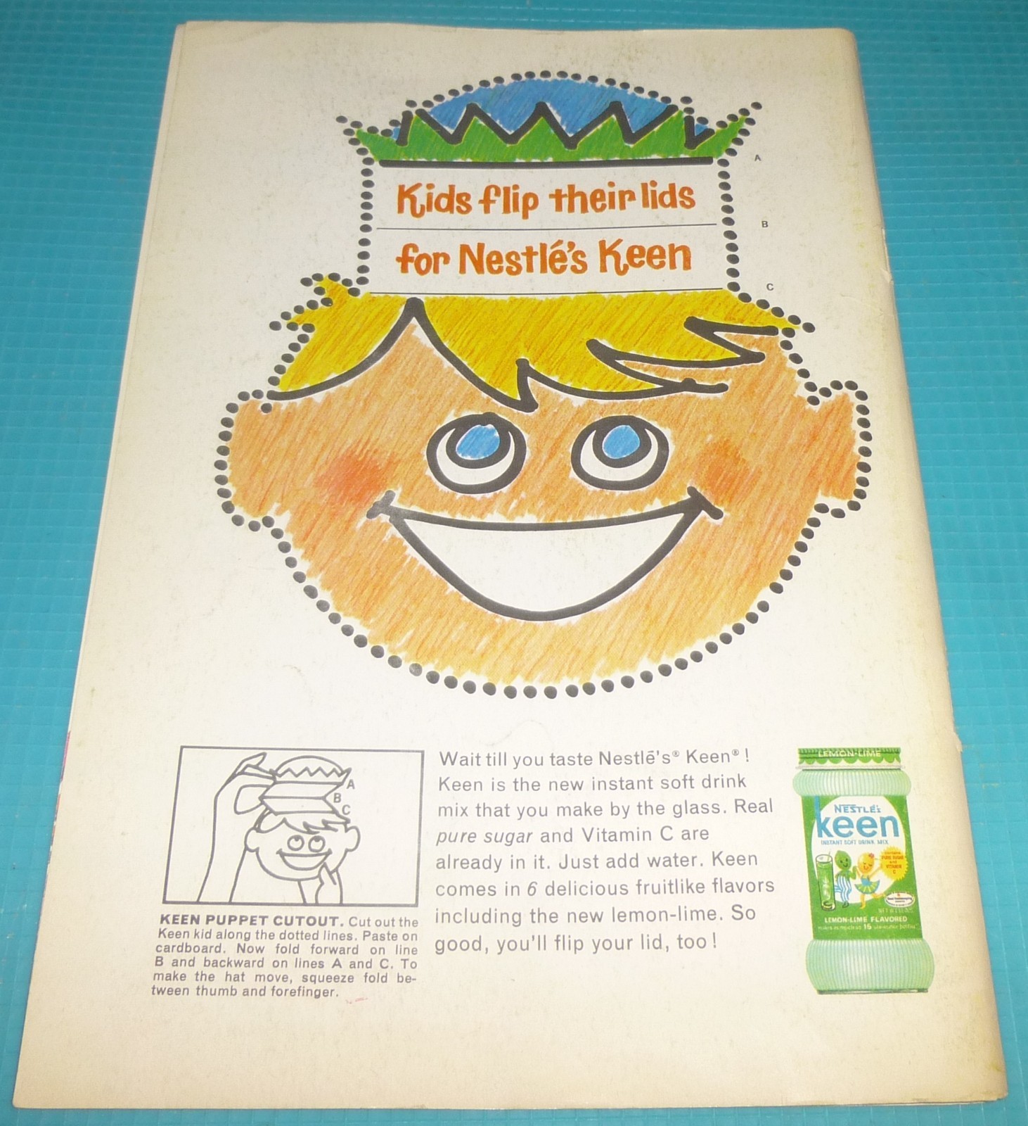 1965 PRINT AD/NESTLE\'S KEEN/KIDS DRINK/INSTANT SOFT DRINK/PUPPET CUTOUT