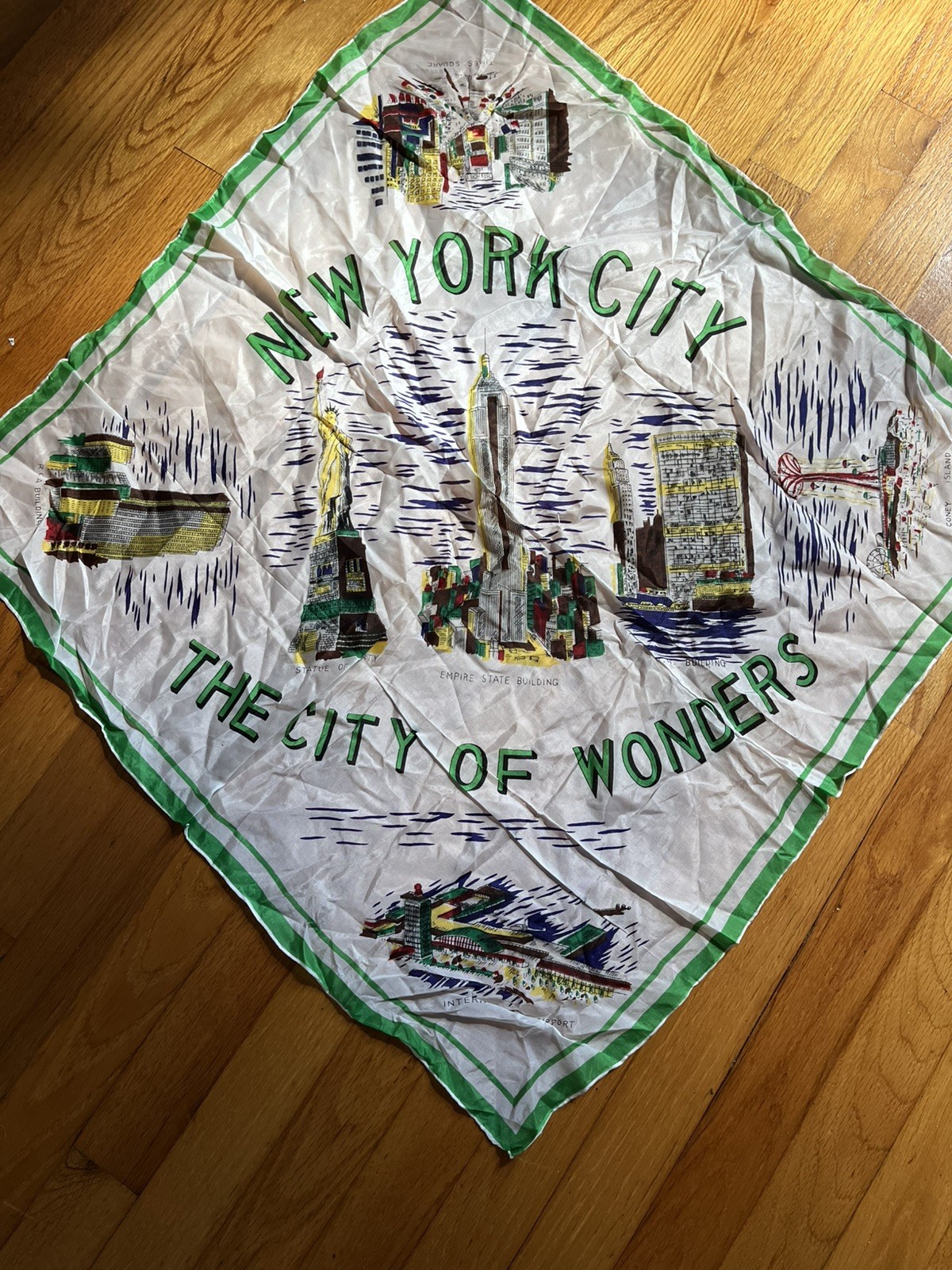Vintage NYC Souvenir Scarf New York City of Wonders Coney Island Statue Liberty 