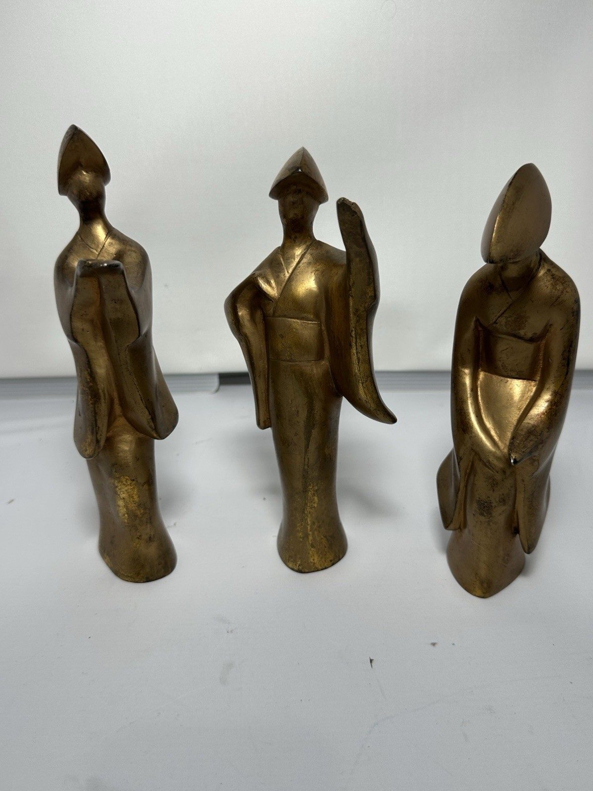 Vintage Mid Century MCM Japanese Geisha Set Of 3 Gilt Cast Iron Gold Leaf Heavy Vintage Mid Century MCM Japanese Geisha Set Of 3 Gilt Cast Iron Gold Leaf Heavy