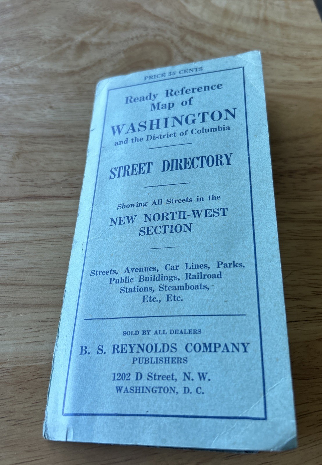 1924 Antique Washington DC Fold Out Map Pocket Street Guide B.S. Reynolds Rare