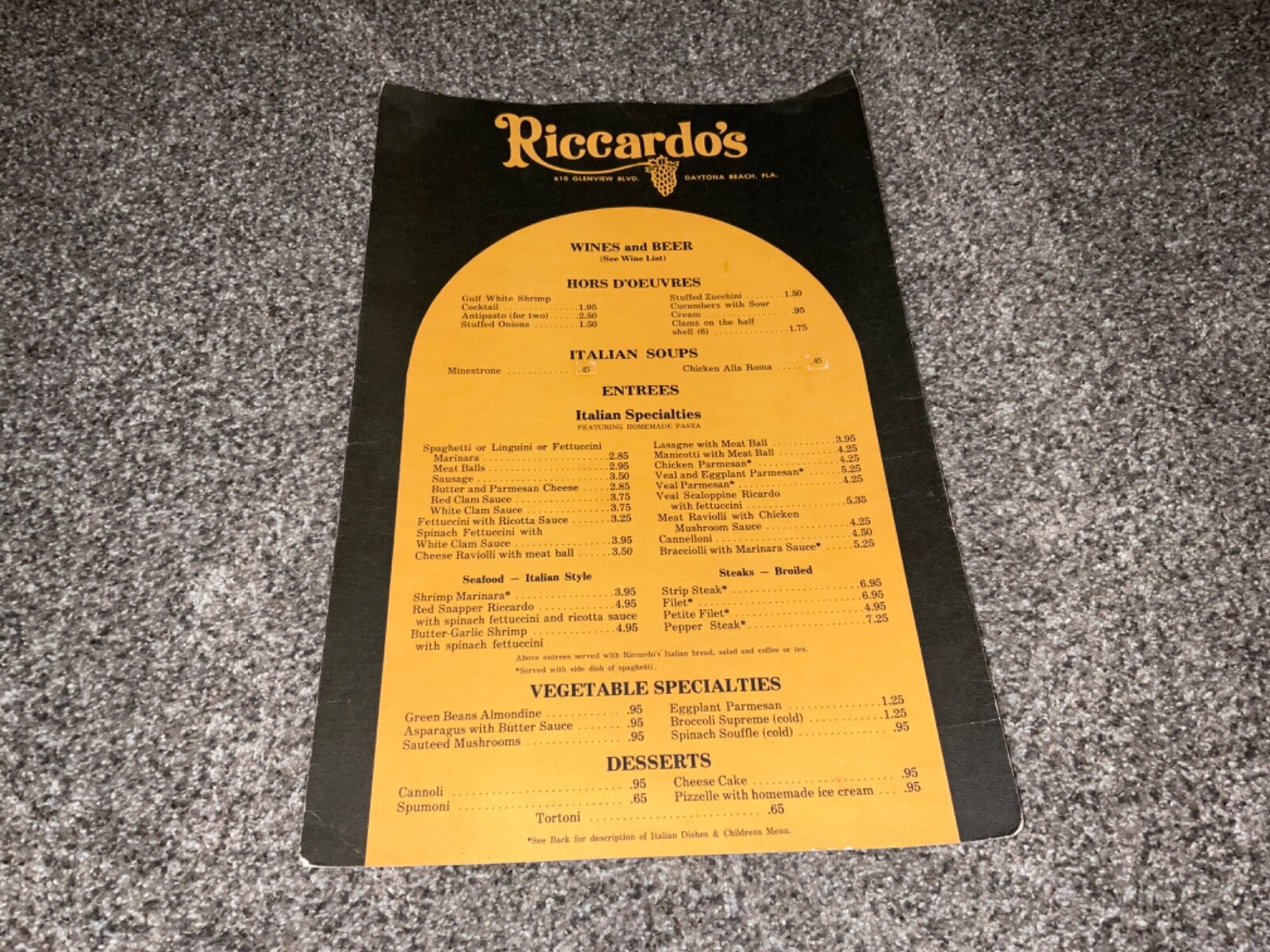 Vintage Riccardo’s Menu Daytona Beach, Fla-19.5” x 12.5”- 1 sheet-2 sided