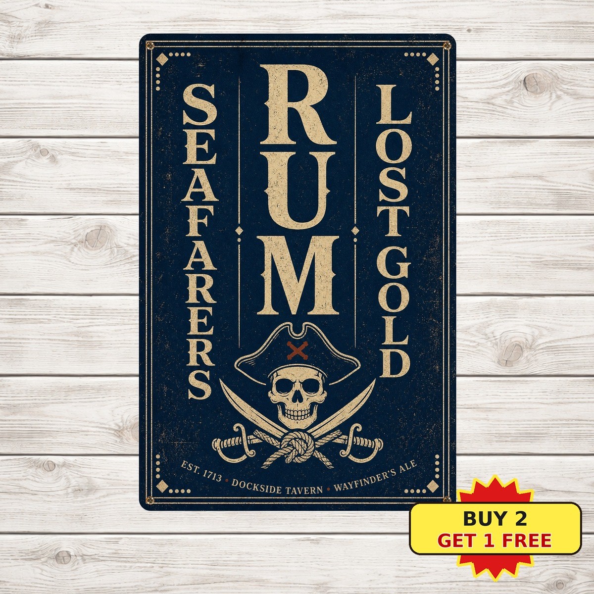 Vertical Serif Typography Layout Rum Treasure Pirate Poster Metal Tin Sign Decor