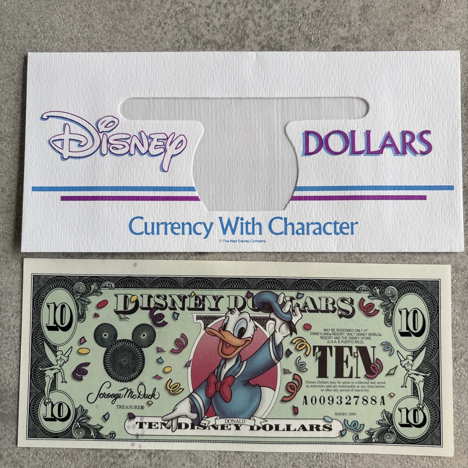 Crisp Uncirculated 2000 Donald Duck Ten Disney Dollars With Envelope
