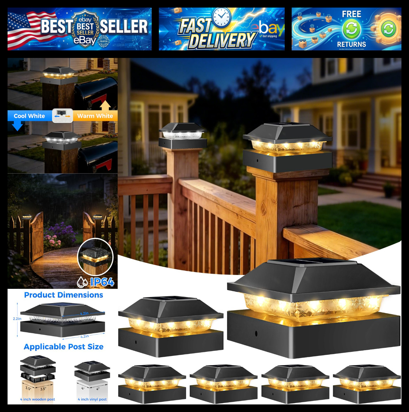 4x4 Solar Post Cap Lights 6 Pack,2 Modes Post Lights Solar Powered