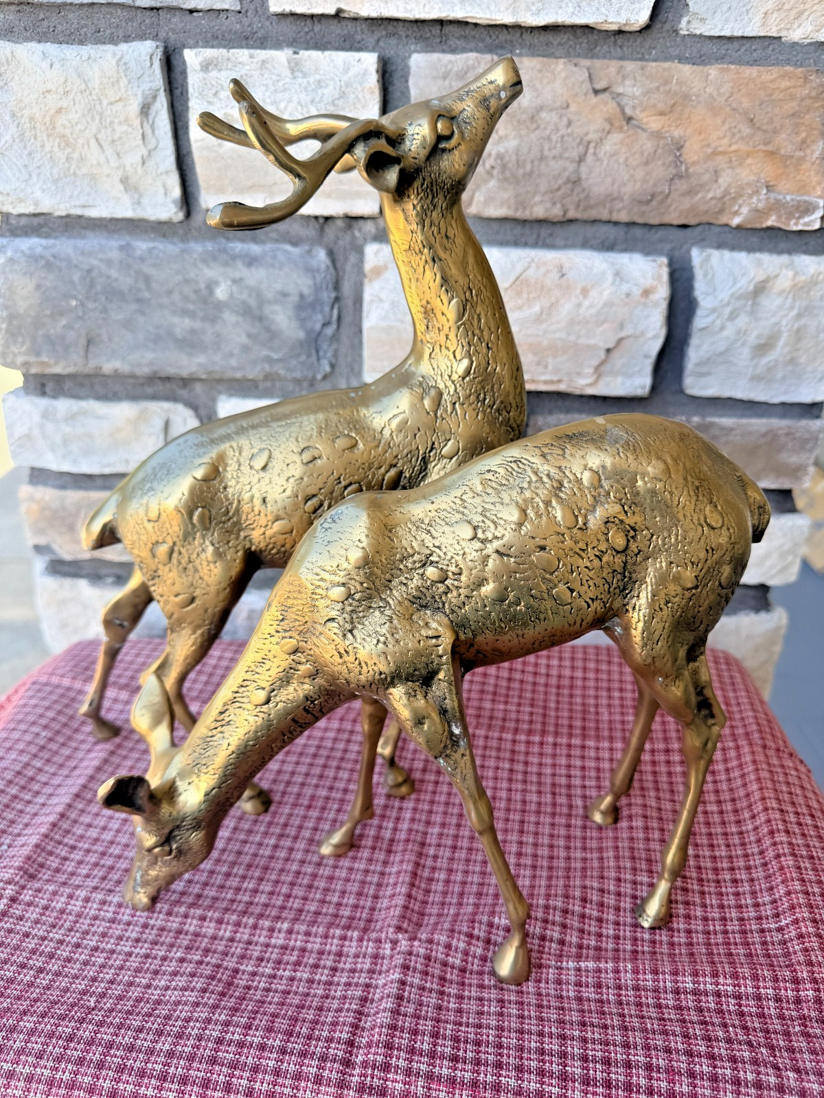 Pair VTG Spotted Solid Brass Deer Statues Buck & Doe Patina 14