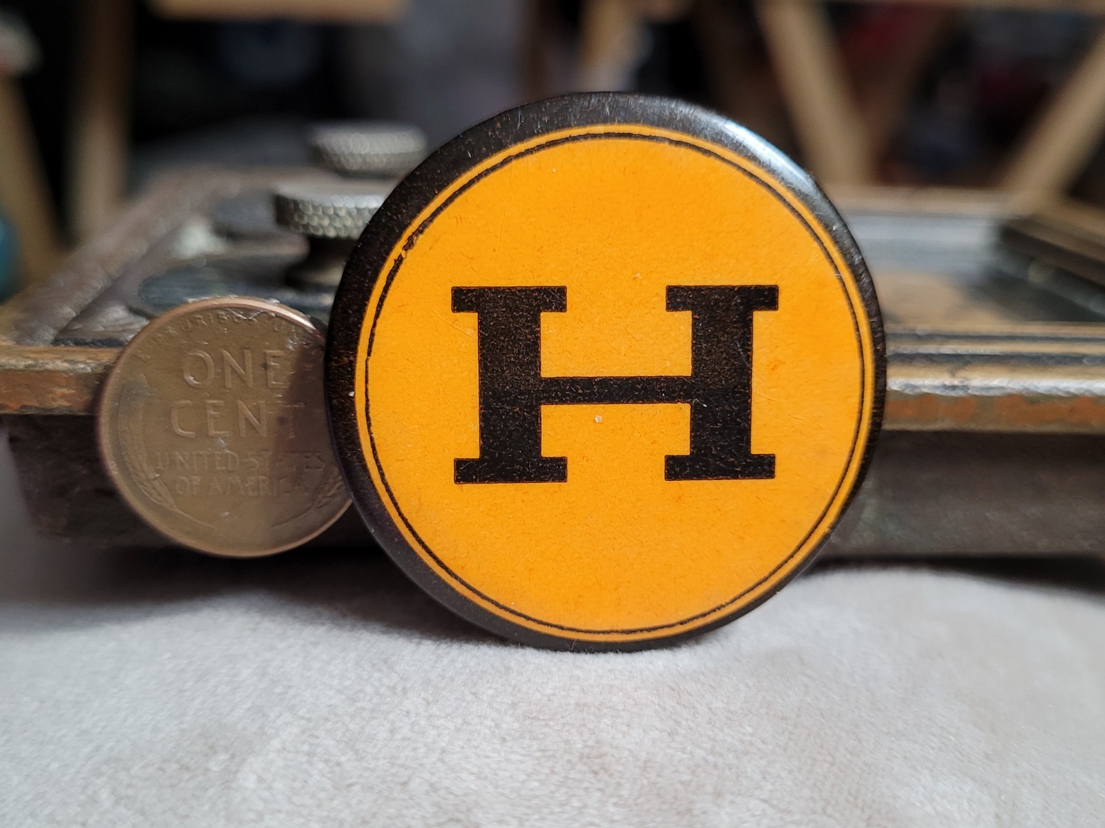 Vintage Metal LETTER H Pinback Button  1940s 1950s