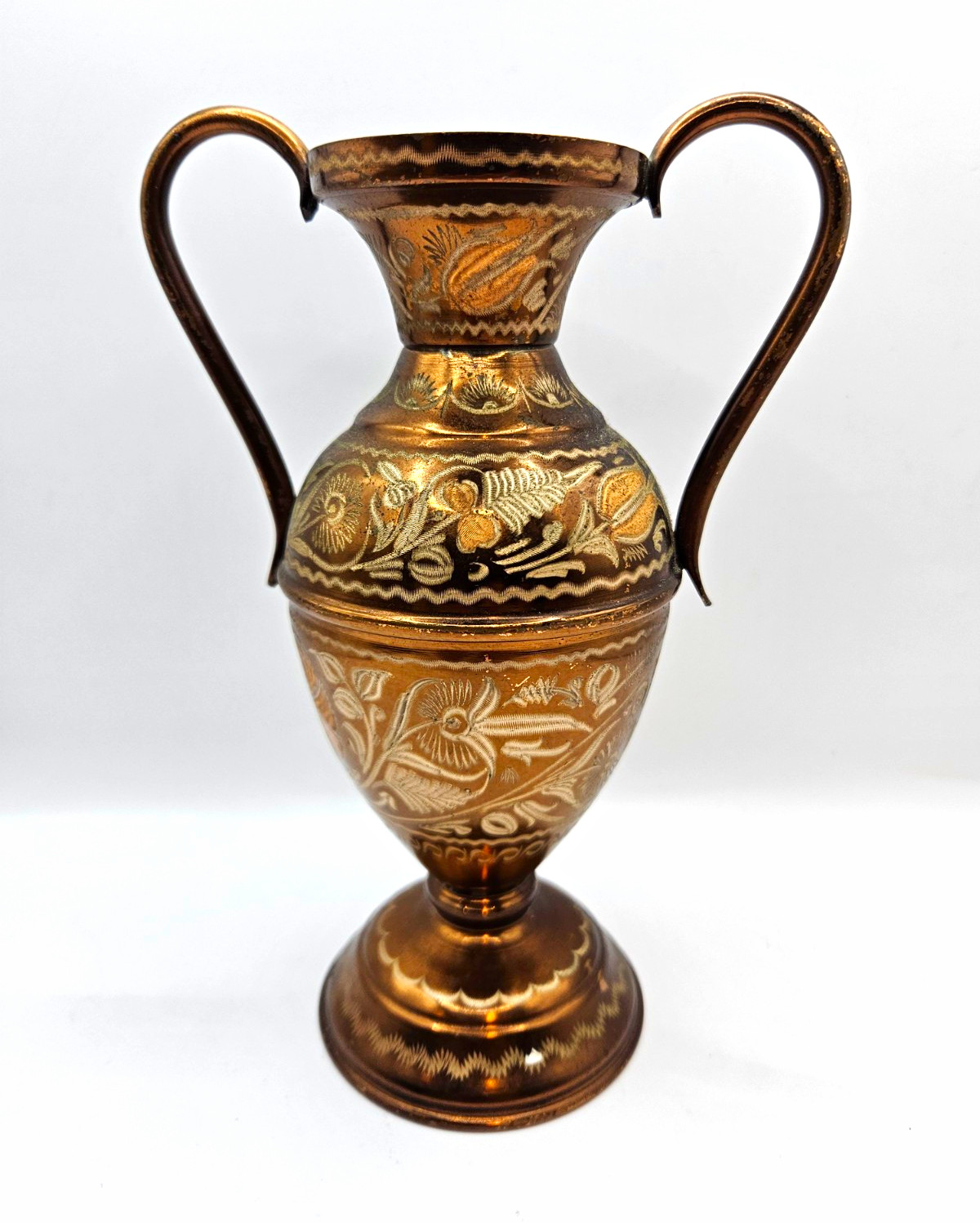 Bronze/Gold Tone Metal Amphora Vase Dual Handles Floral Engraved Pedestal