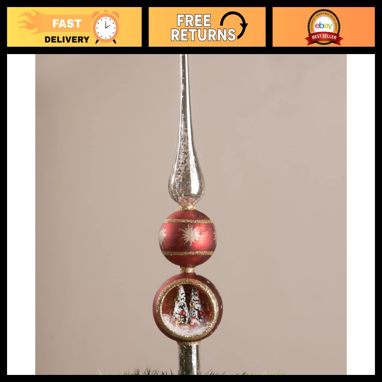 Vintage Santa Sleigh Tree Topper - Red Silver Mercury Glass Finial Decoration