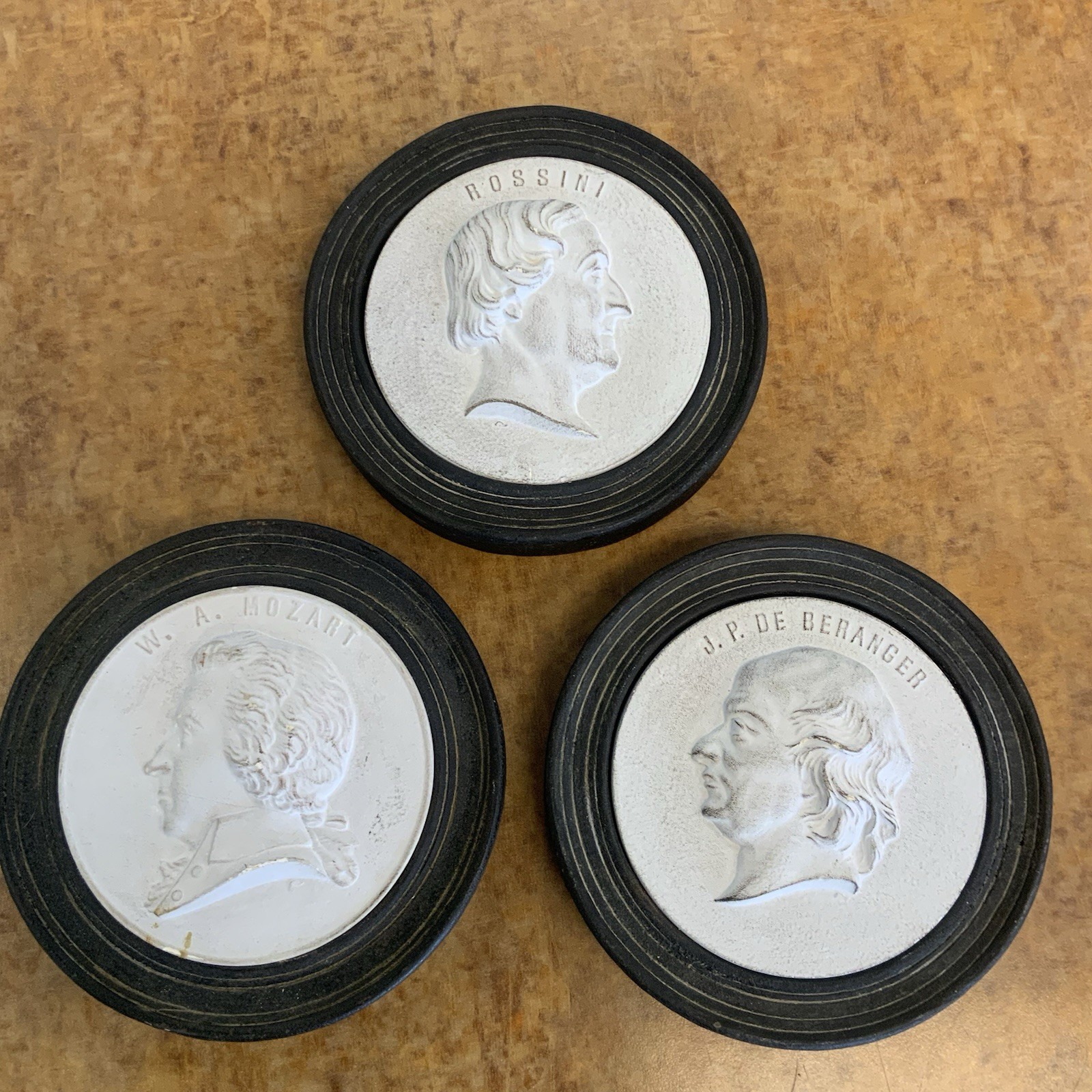 Antique French Plaster Portrait Medallions Mozart Rossini Beranger Set of 3