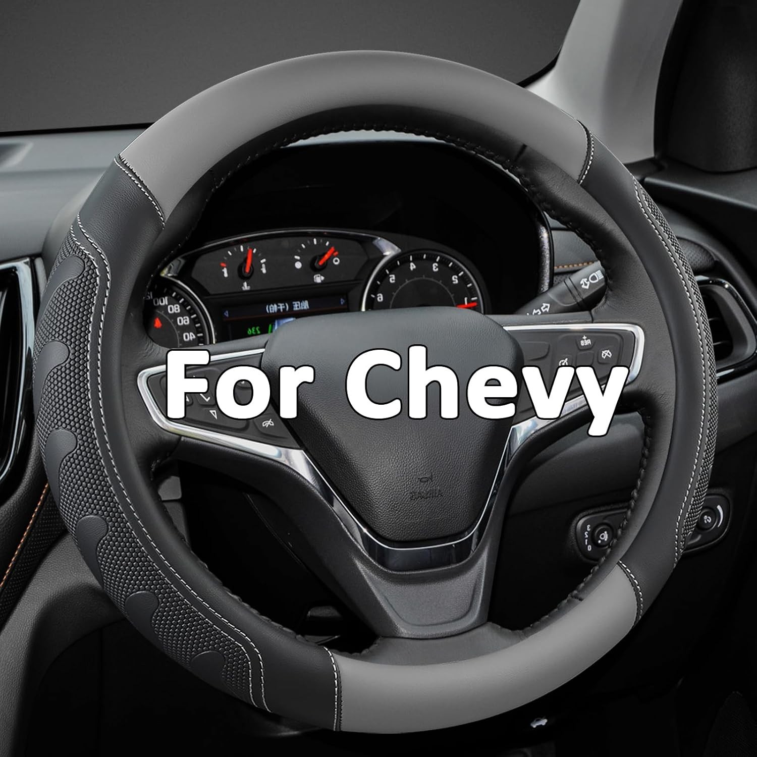 Car Steering Wheel Cover Customized for Chevy, Black and Gray Car Steering Wheel Cover Customized for Chevy, Black and Gray