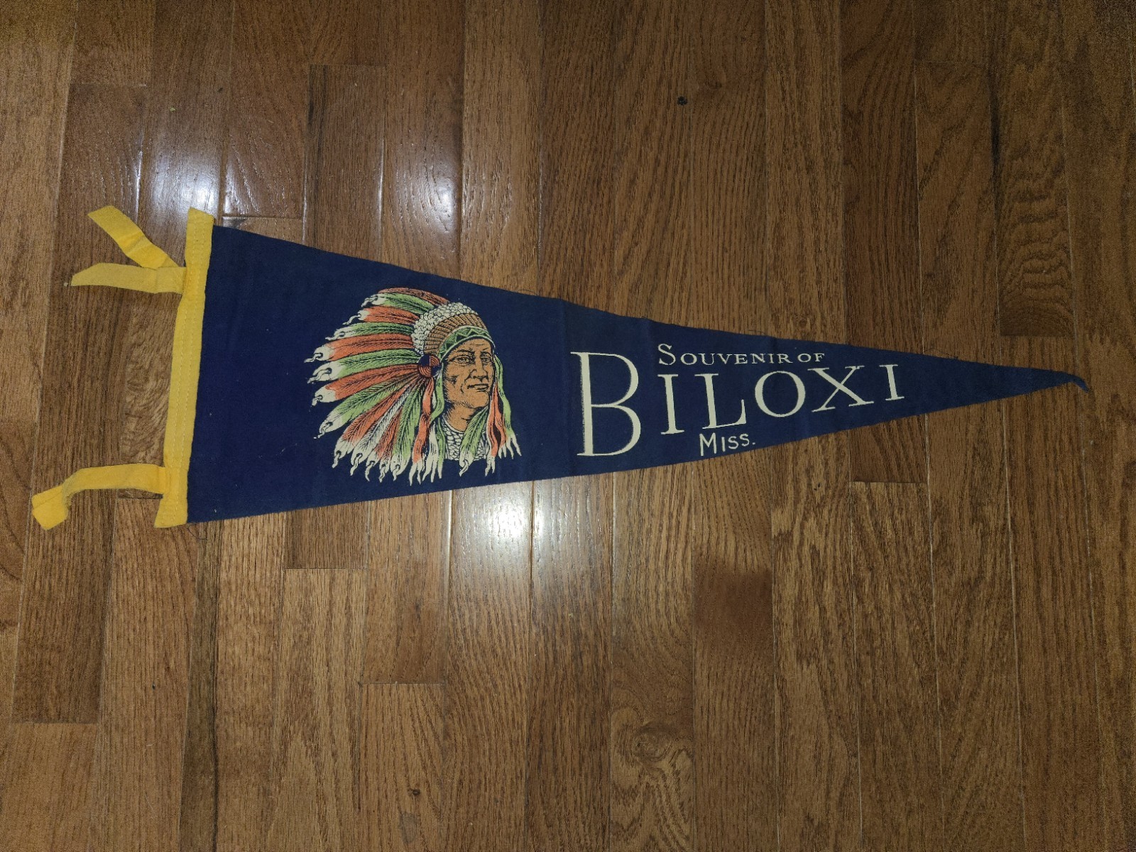 VTG C. 1940'S BILOXI MISSISSIPPI SOUVENIR PENNANT BLUE WITH CHIEF INDIAN HEAD A+