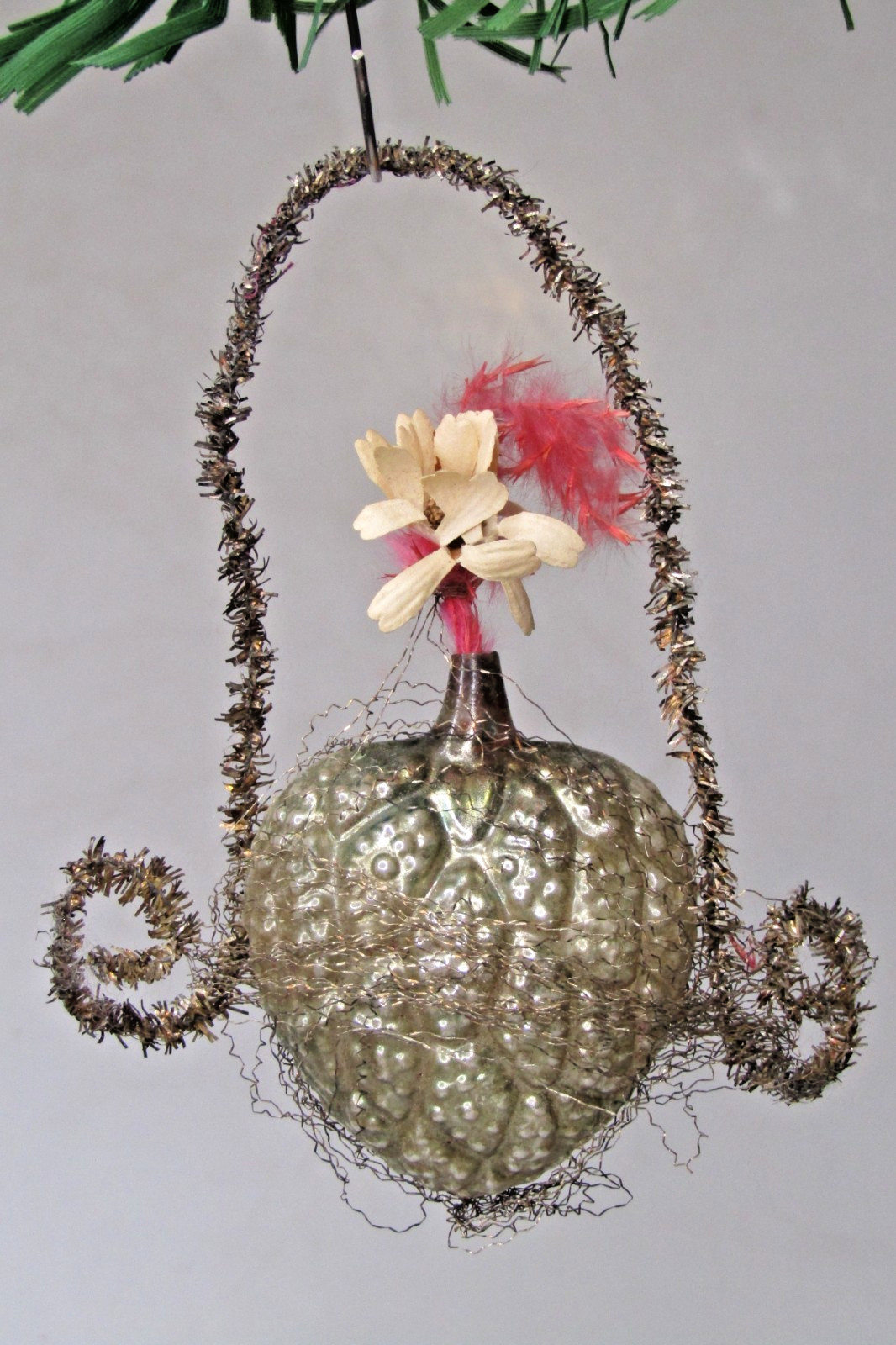 VTG Antique Glass Crinkle Wire FLOWER Bumpy HEART Vase Christmas Ornament German