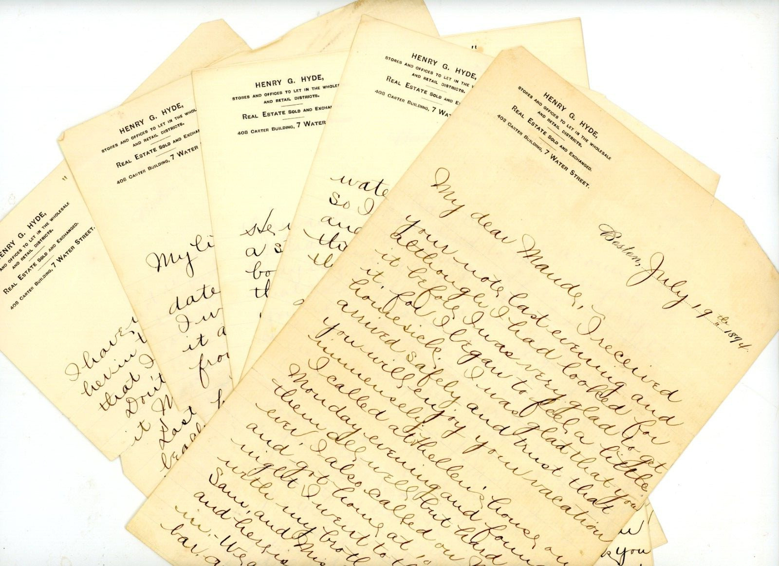 1894 Henry G Hyde Real Estate Handwritten Letterheads 6 pgs Boston Massachusetts