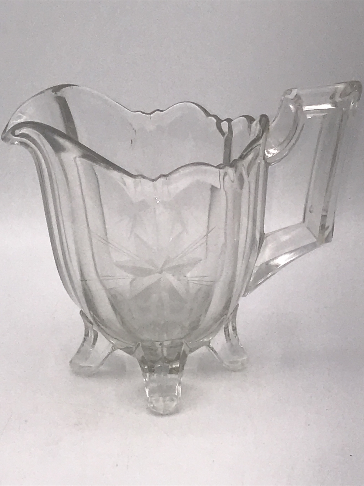 Vintage Floral Etched Glass 4 Footed Creamer 4”