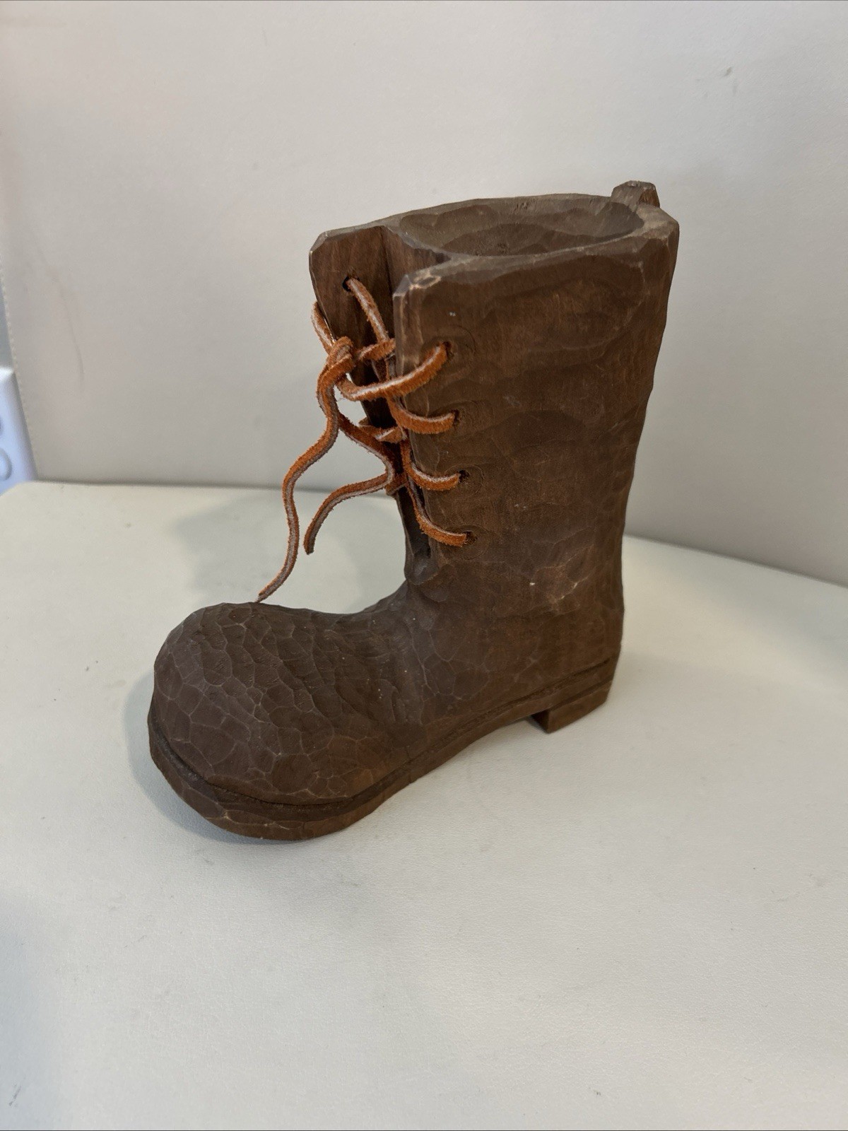 Vintage Hand Carved Wooden Boot Folk Art  Holder 7” X 7” Boho Hippie