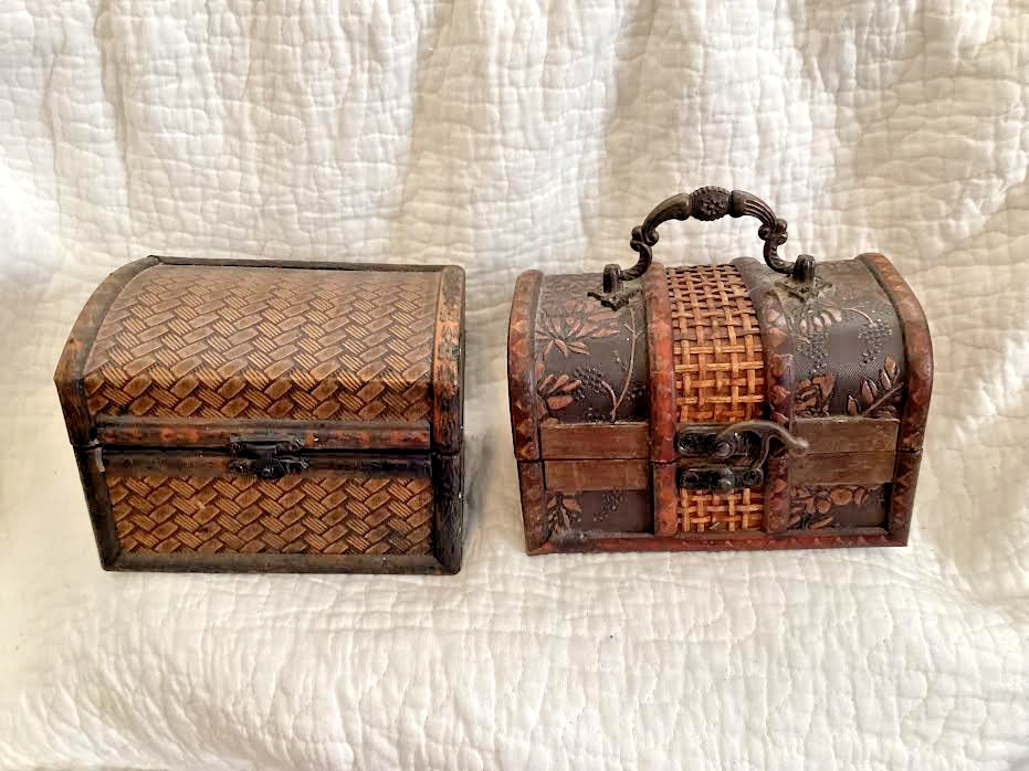 Two Vintage Bamboo/Rattan Treasure Chests with Arched Lids and Metal Latches