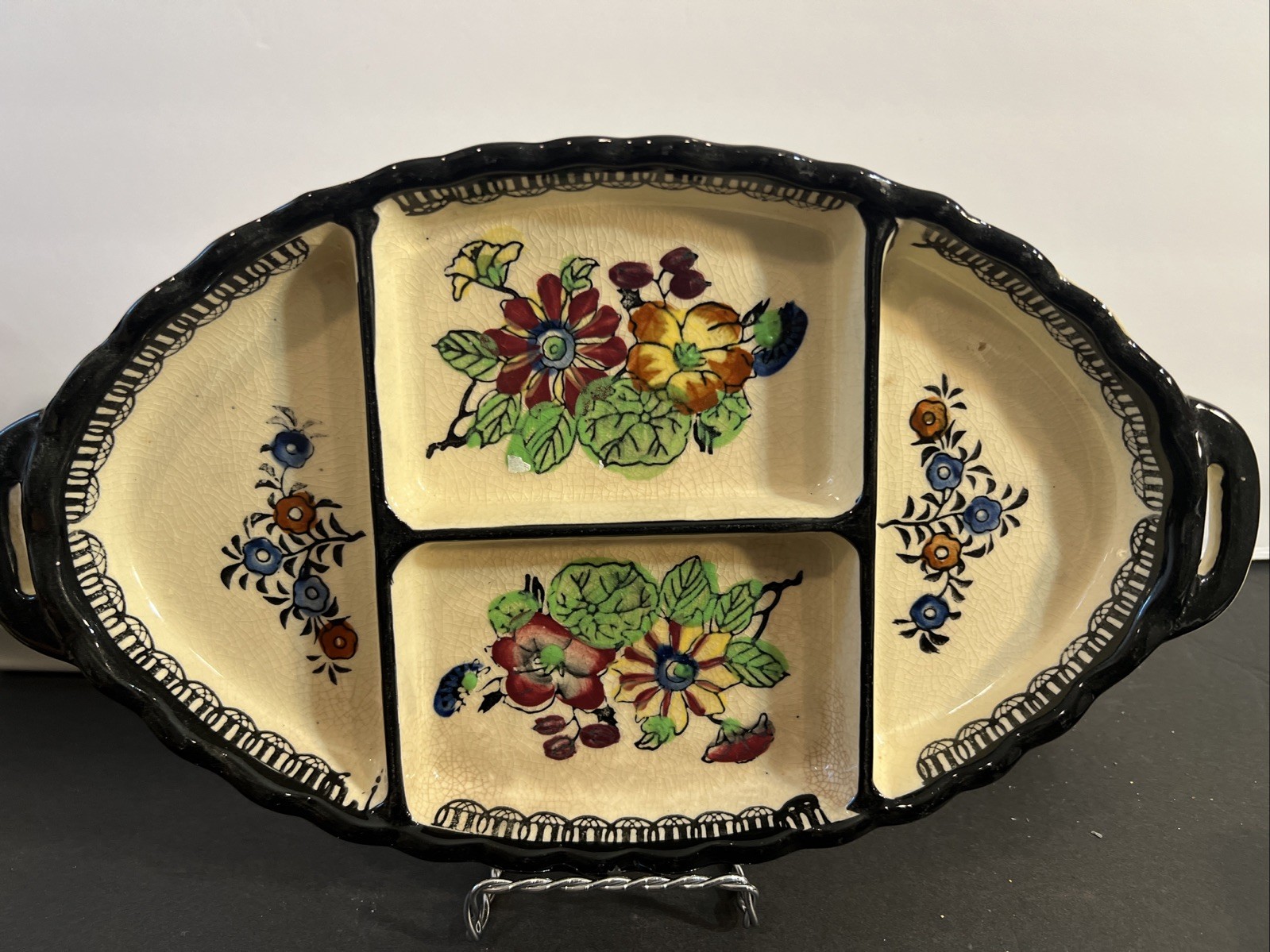 Oval Divided Relish Servicing Dish Hand Painted Flowers Japan 11.5x6.5”vtg