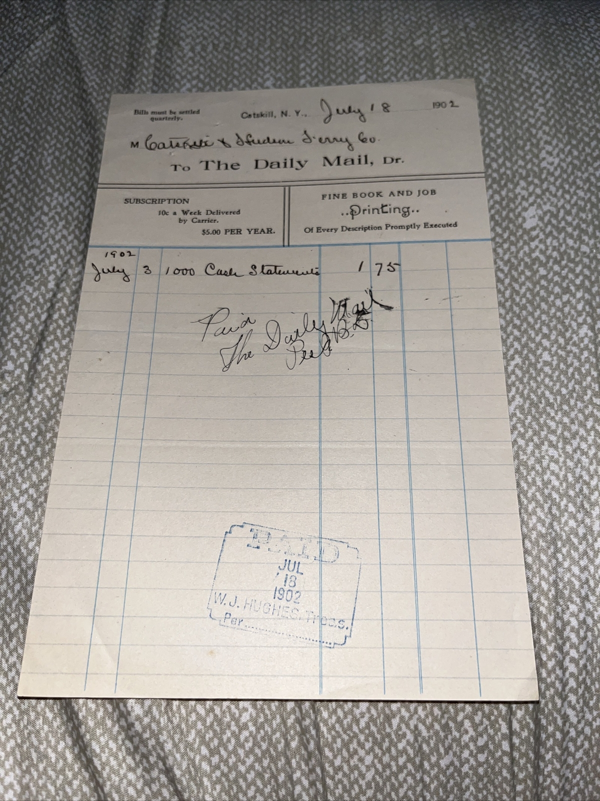 Antique 1902 The Daily Mail Invoice - Catskill NY New York - Old Paid Bill