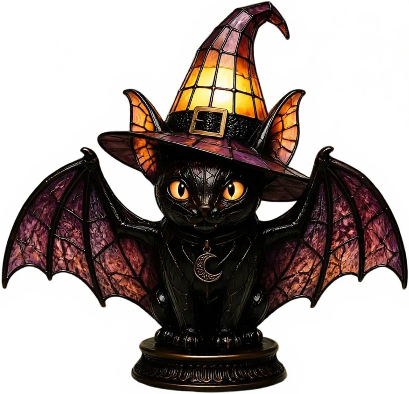 Halloween Black Cat Witch Hat Lamp Stained Glass Night Light Party Decor LED
