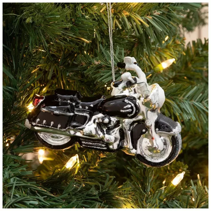 RARE Robert Stanley Black Glitter Motorcycle Ornament Blown Glass NEW