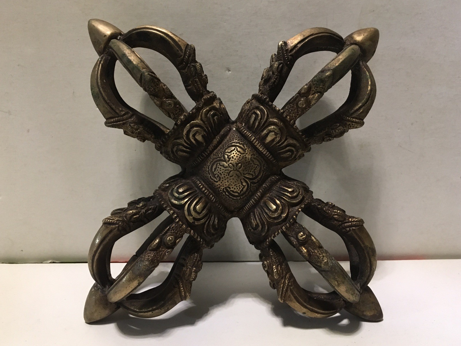 Brass Tibetan Double Dorje Vajra Cross Vtg Ornate Solid 9 Brass Tibetan Double Dorje Vajra Cross Vtg Ornate Solid 9