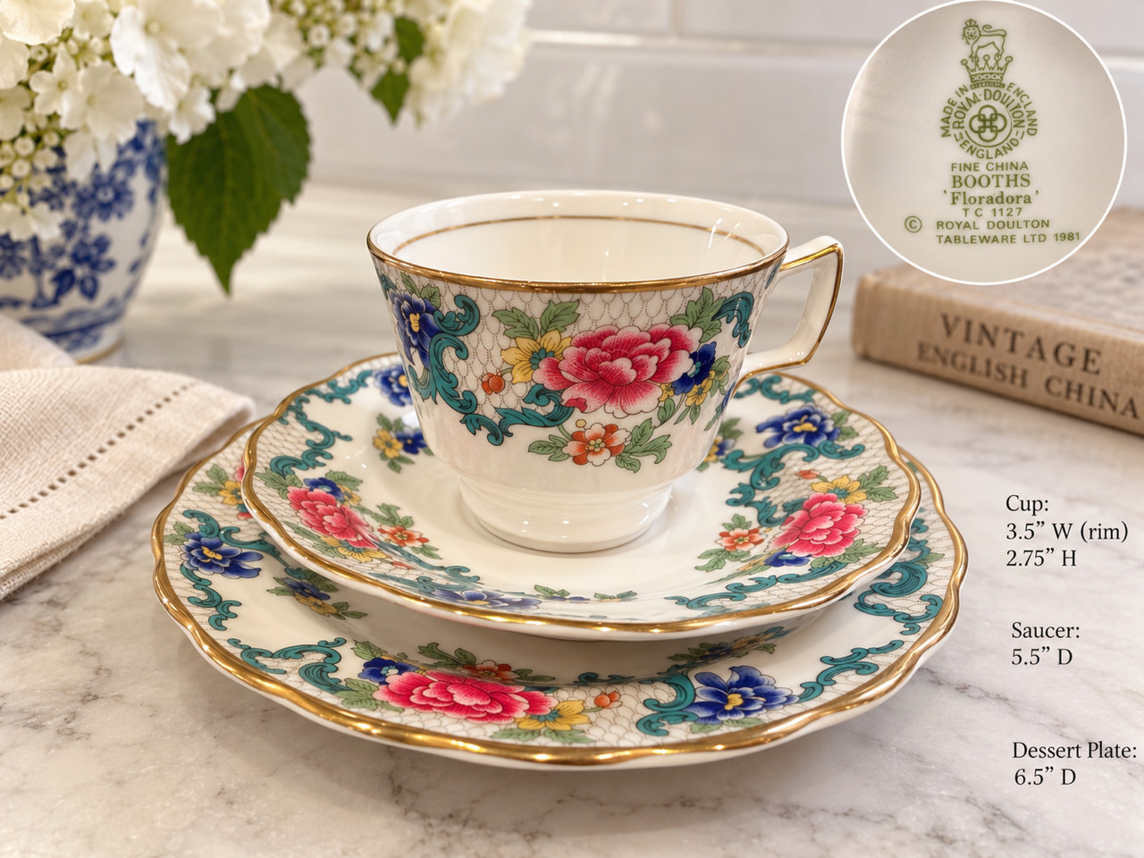 Royal Doulton Booths Floradora Gold TC1127 Majestic Collection Tea Trio 3 pc set