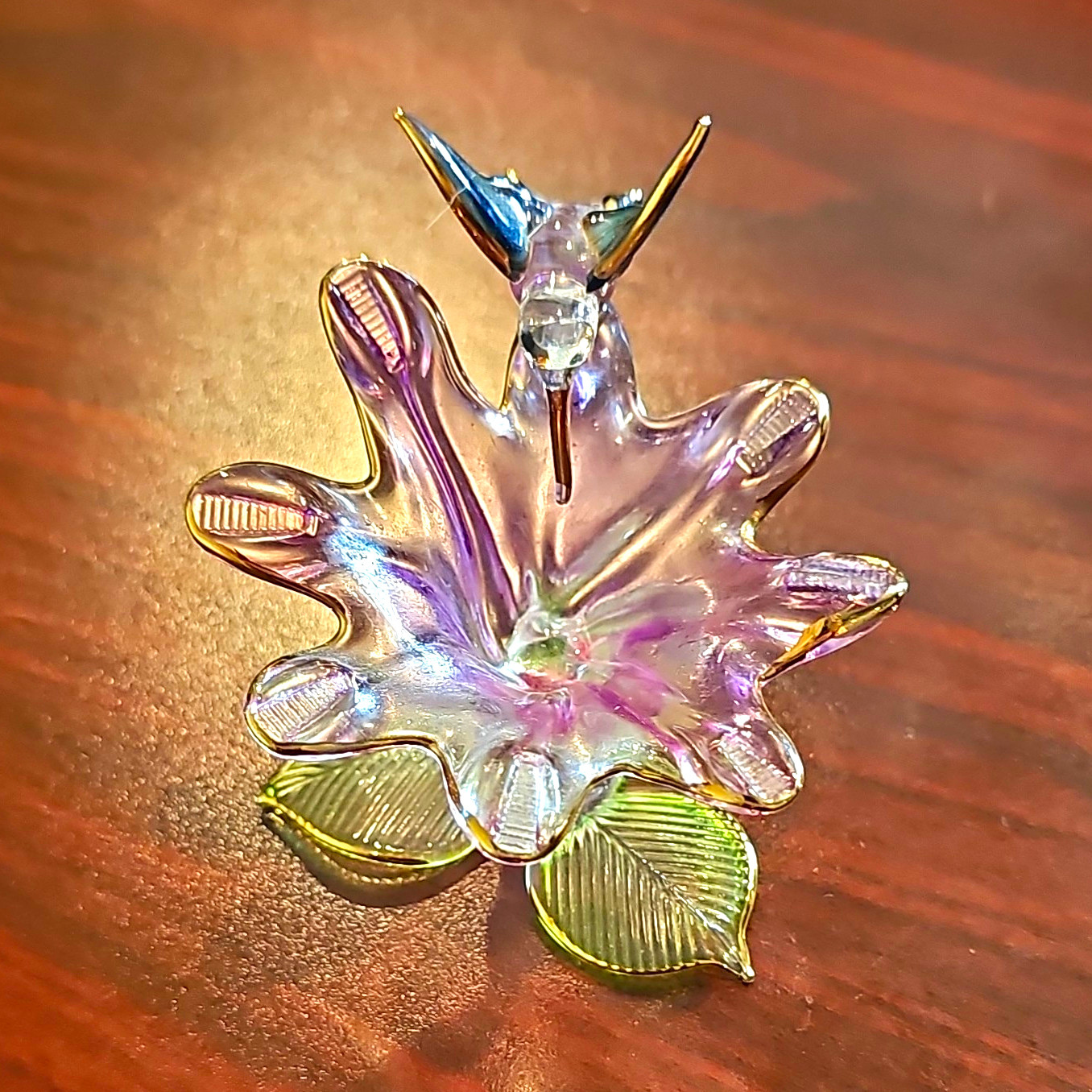 Glass Hummingbird Figurine Iridescent Purple & Green w/ Metal Leaves