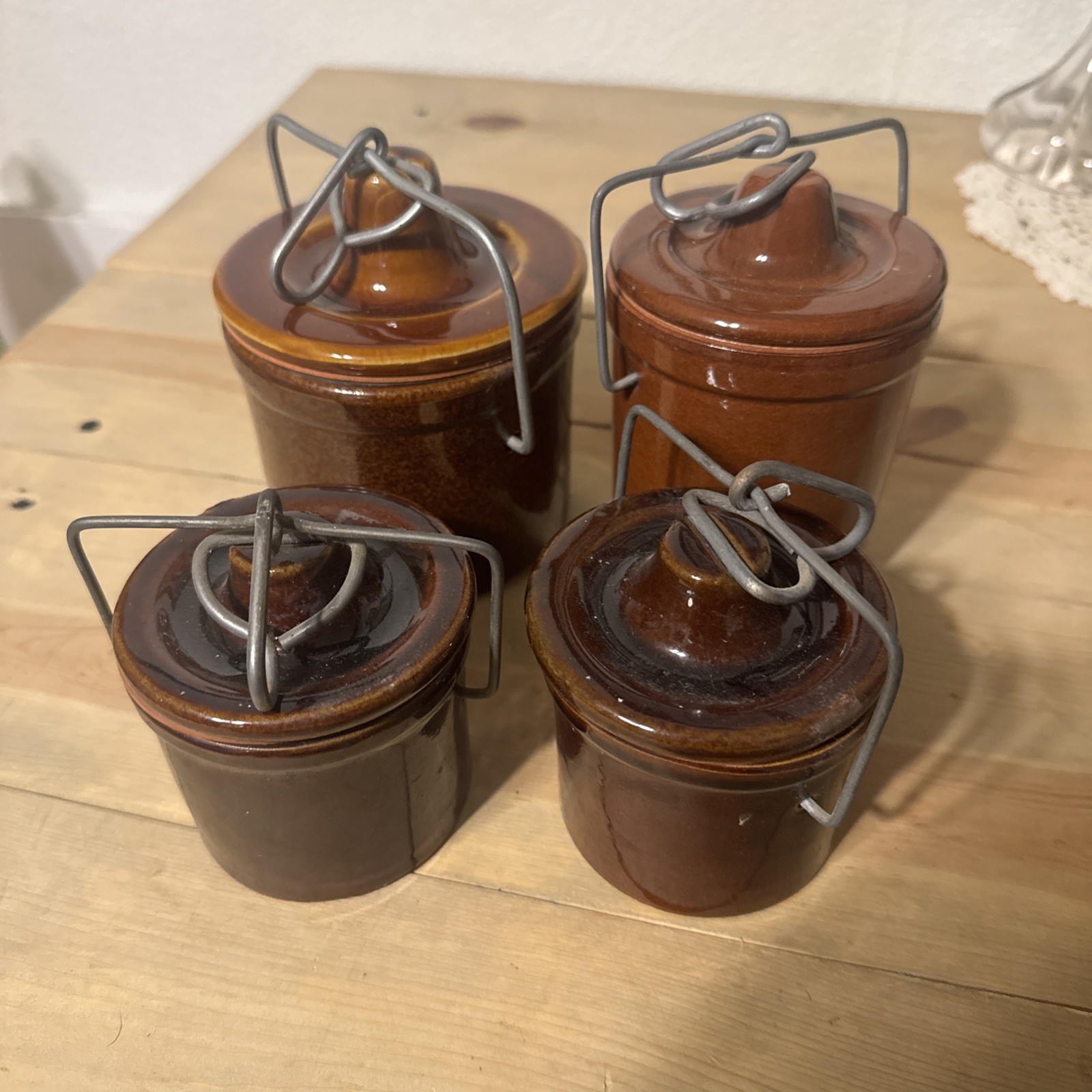 Set Of 4 Glazed Stoneware Hinged Cheese Crocks Vintage 1970s