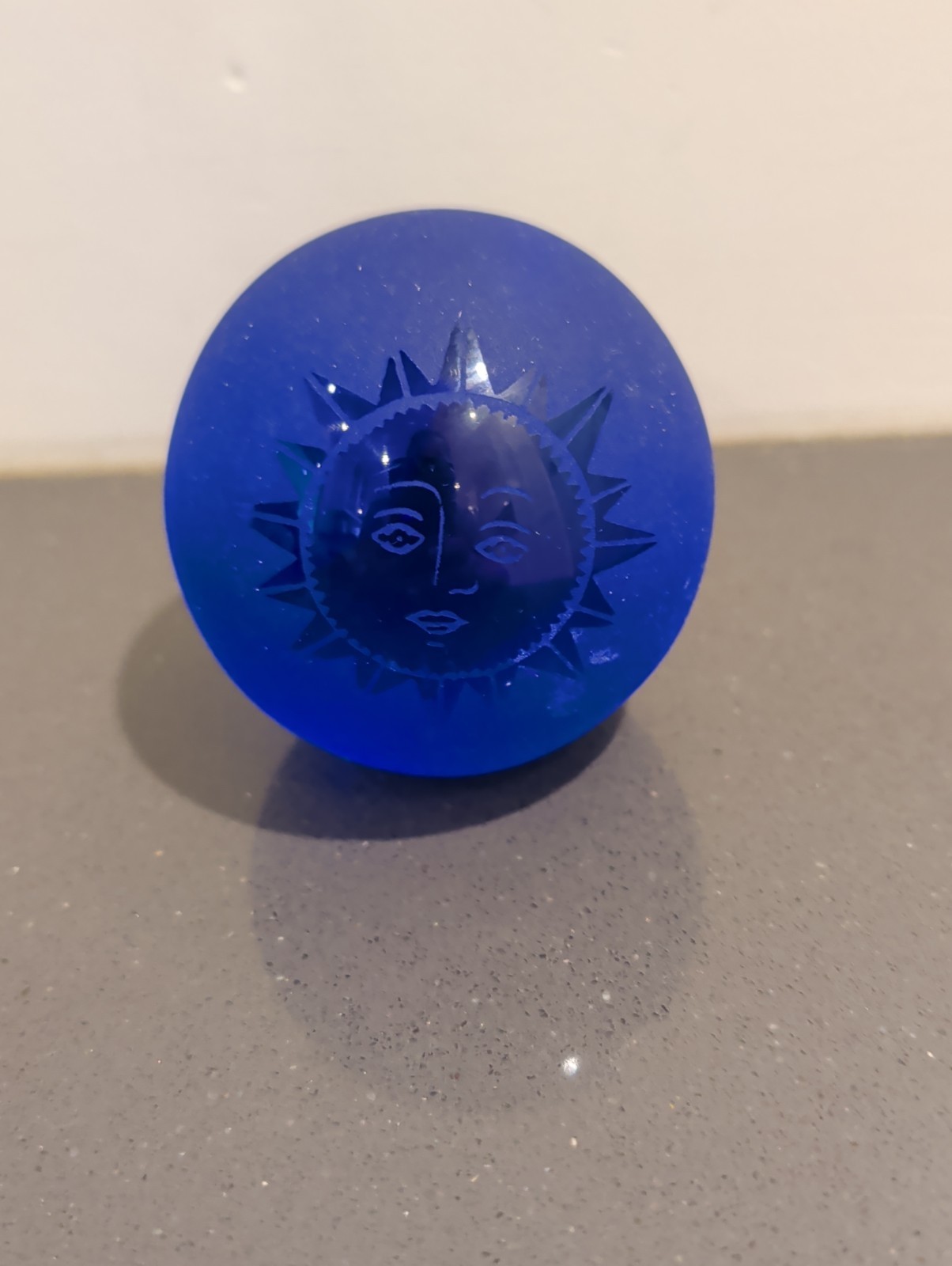 Vintage Cobalt Blue Glass Paperweight Sun Moon Faces Decorative Celestial M83