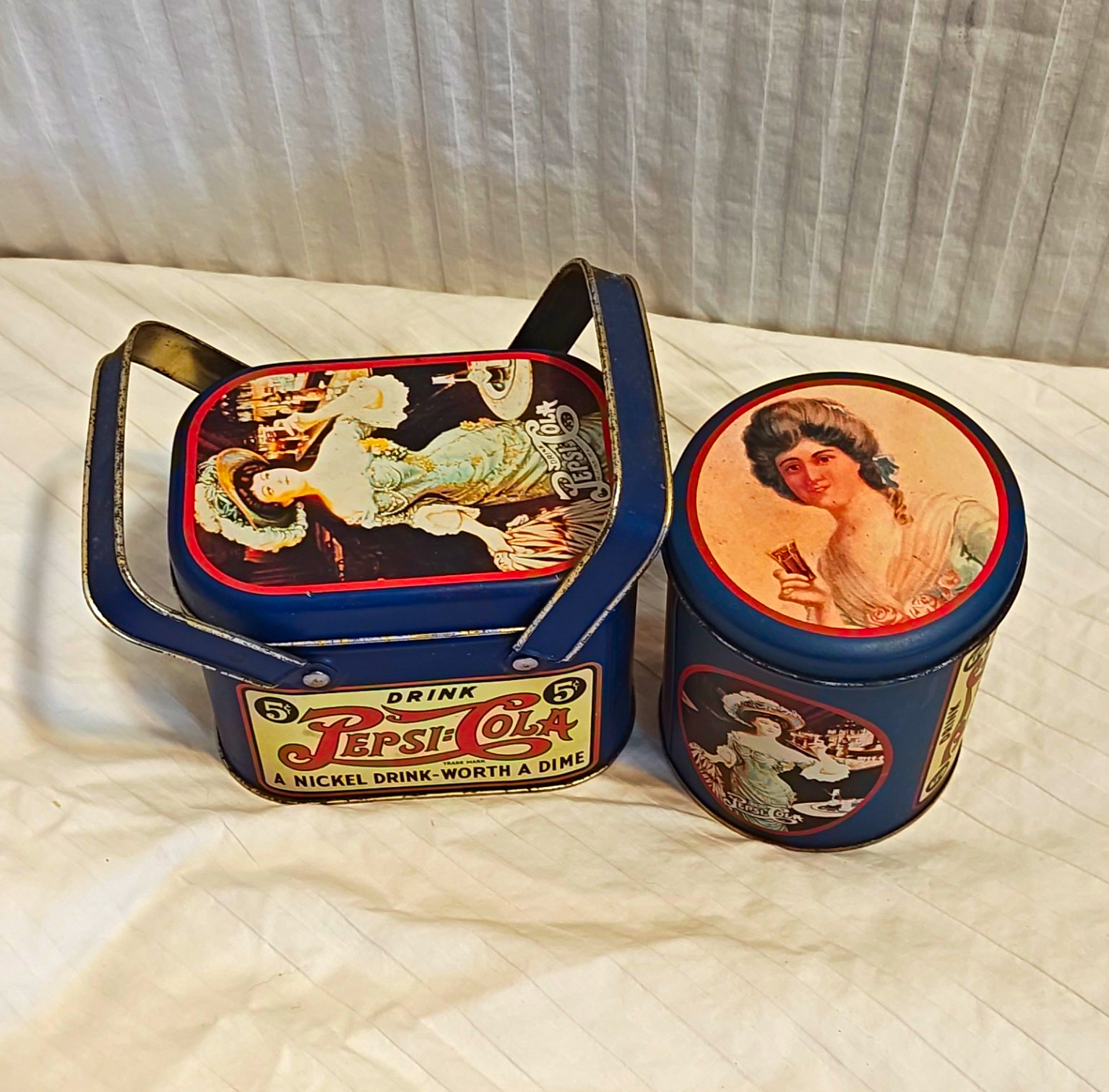 Pepsi Vintage 1988 Blue Tin Box Set (2) Carry Basket & Round Canister Soda