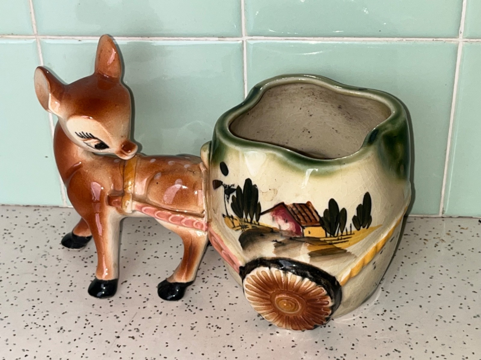 Vintage Hand Painted Deer Pulling Cart Round Planter Ceramic